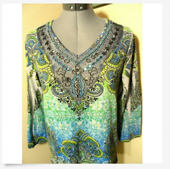 CHRISTOPHER & BANKS Beaded Top S Blue Green V-neck beautiful medallion Boho prin - Picture 2 of 7